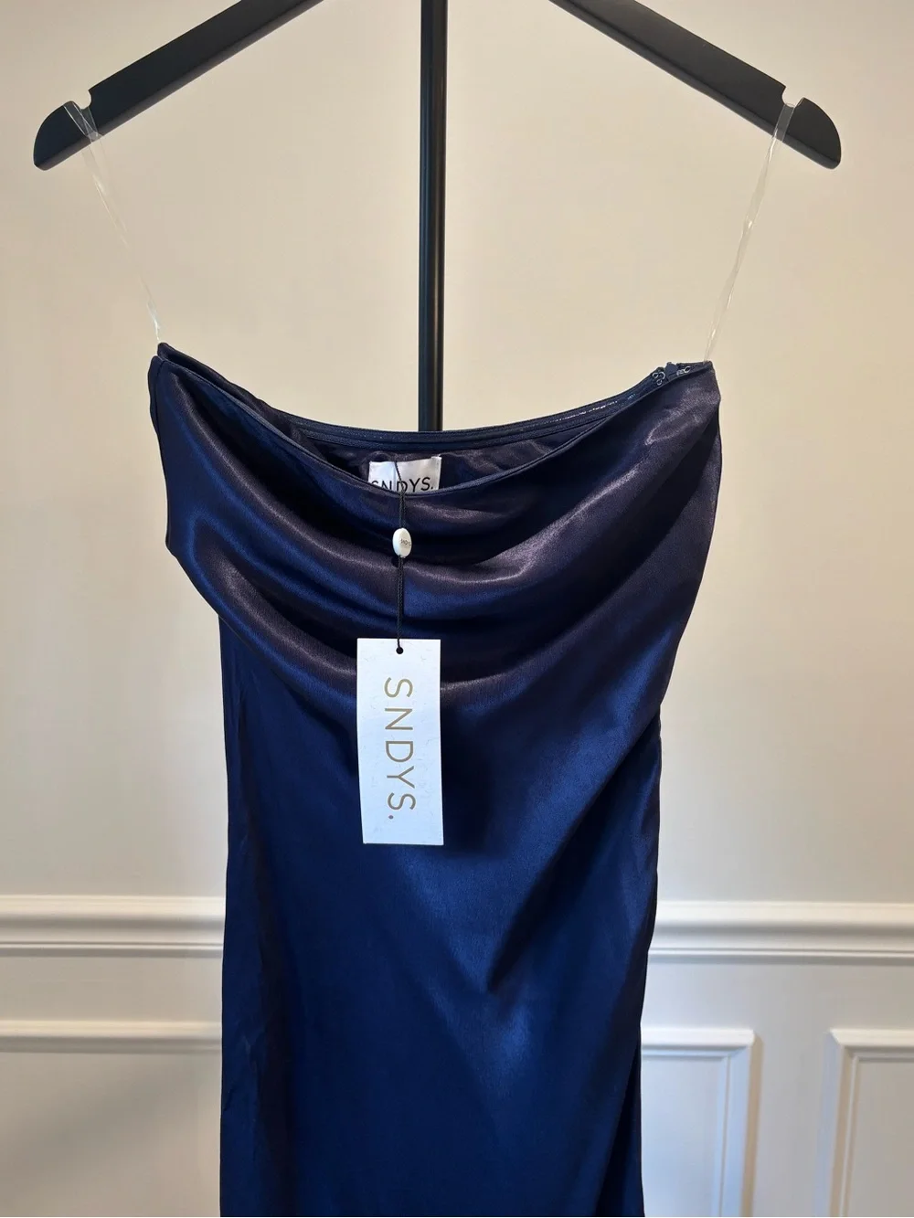 SNDYS Navy Satin Cowl-Neck Midi Slip Dress